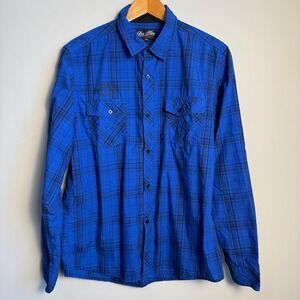 For Him London Mens Blue Plaid Button Up Shirt Long Sleeve Large Roll Tab Sleeve